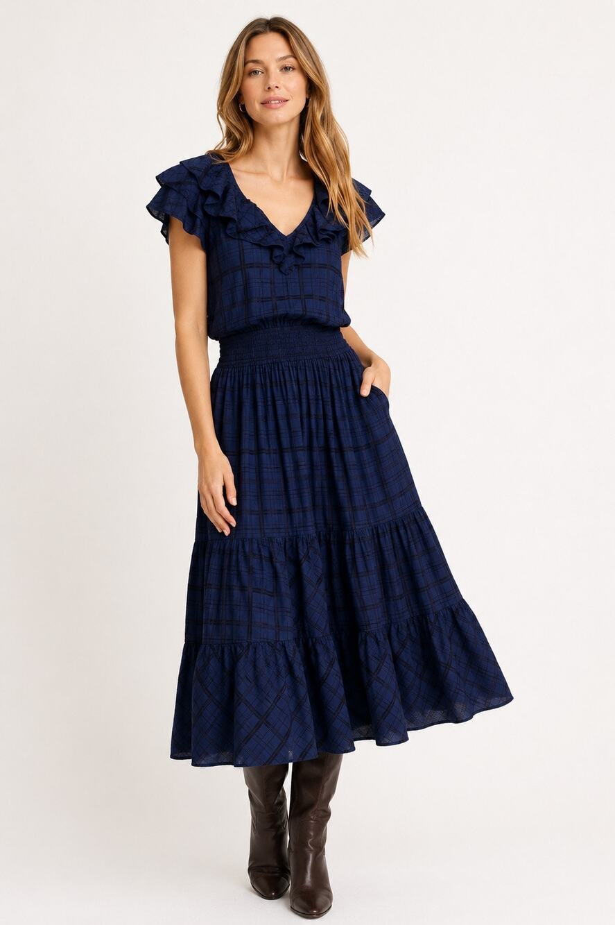 Draper James Navy Textured Plaid Ruffle Midi Dress Size M